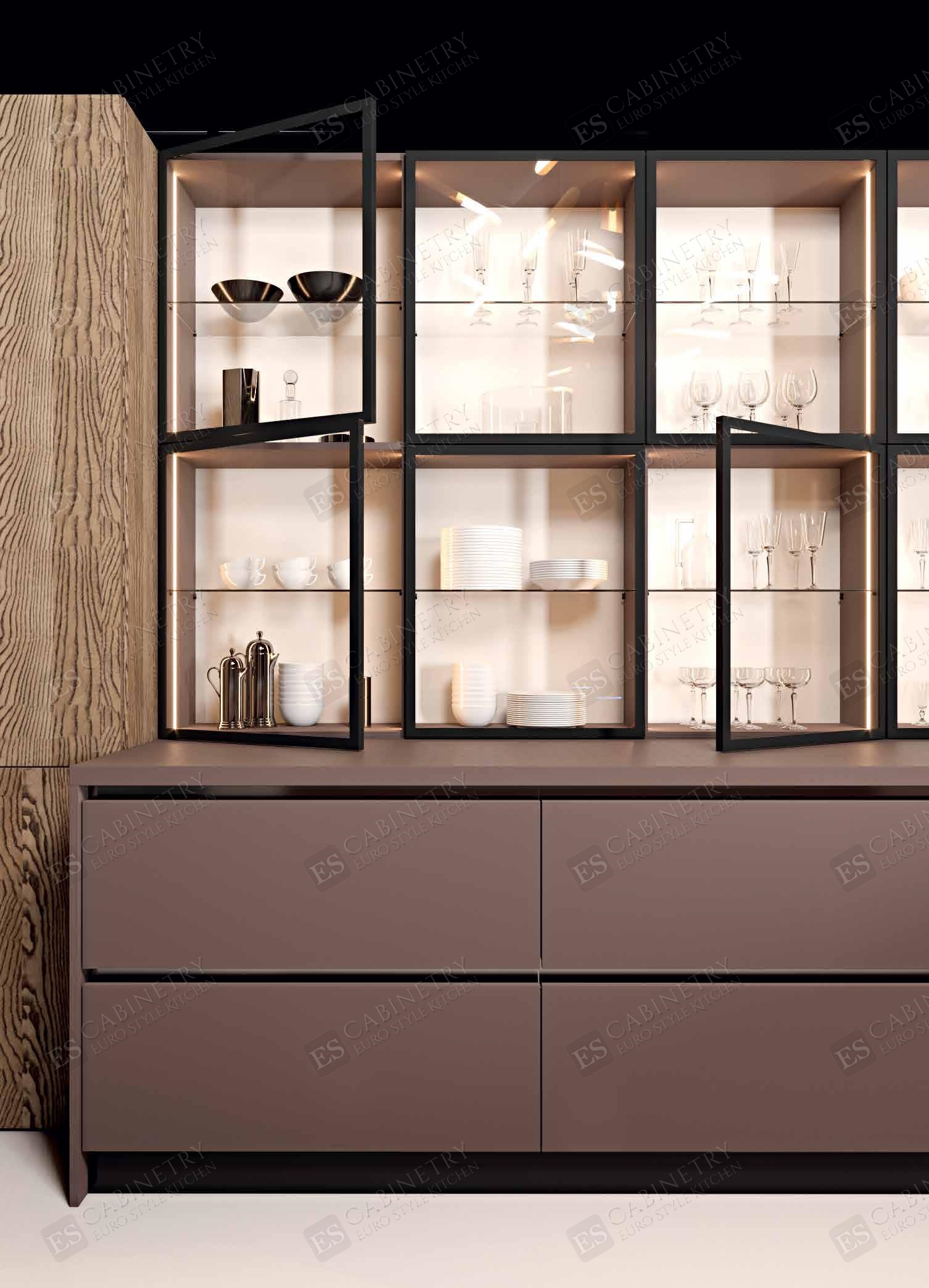 Taupe kitchen | wooden and glass cabinets